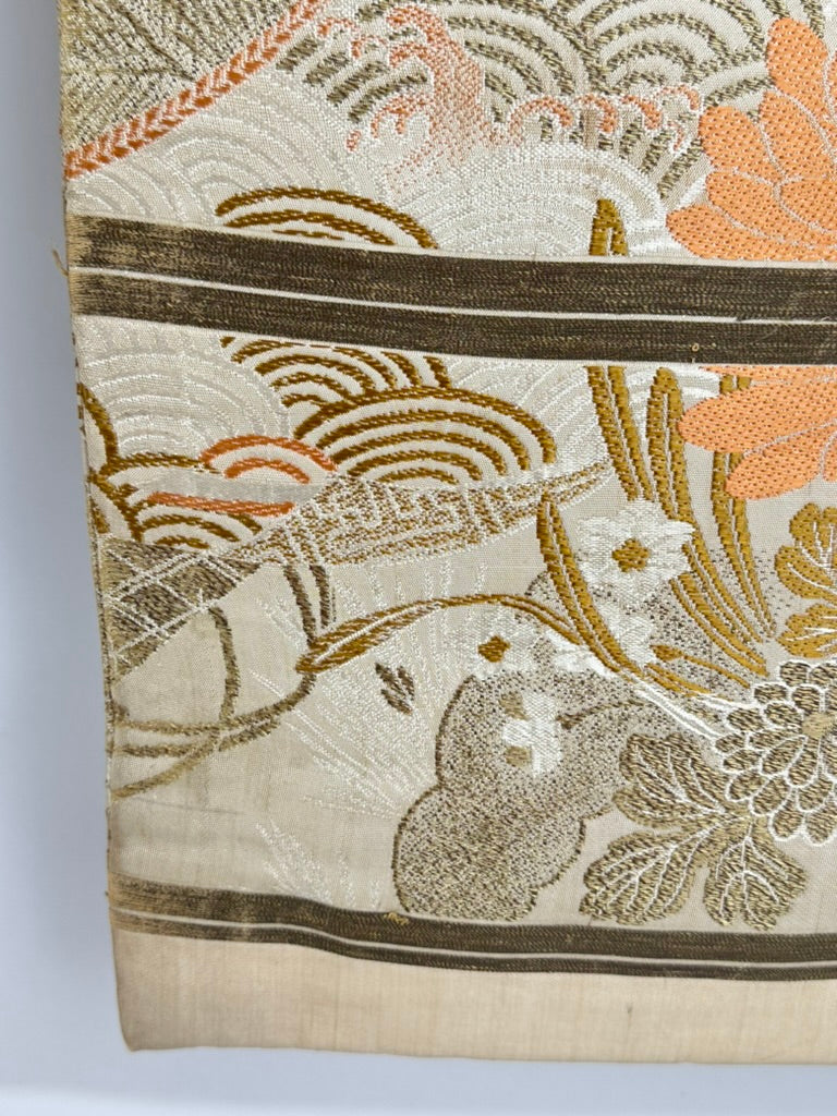 Antique Japanese Silk Tsuzure Fukuro Obi Crane Chrysanthemum Wave 13'L