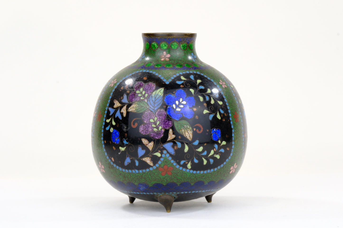 Chinese Cloisonne Enamel Jar Black Ground Polychrome Floral Fret Pattern Turquoise