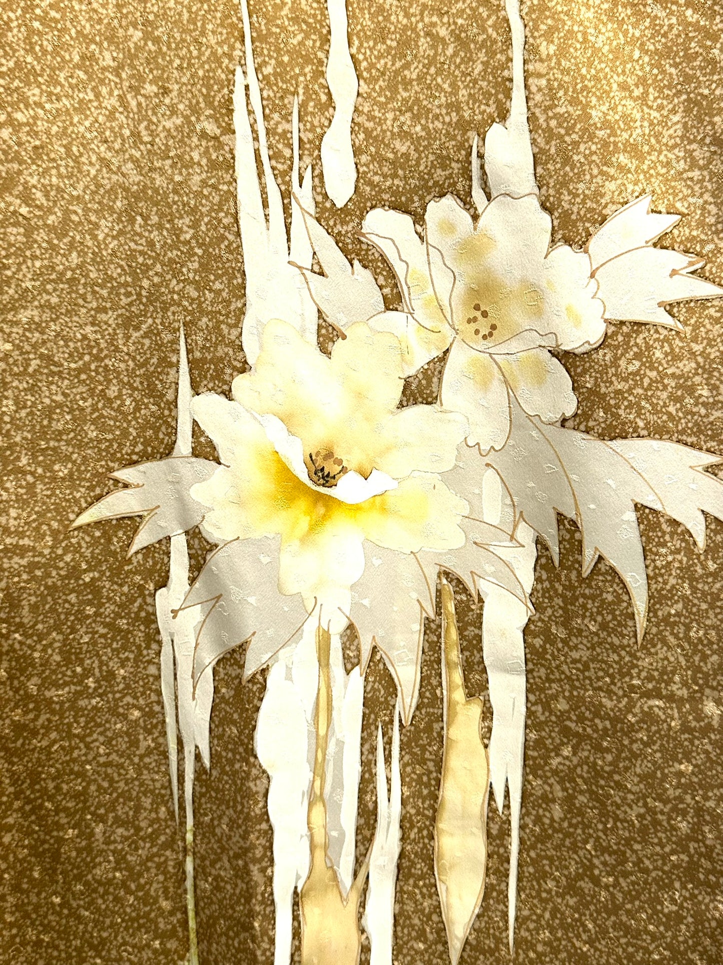 Vintage Japanese Silk Nashiji Gold Kimono Yuzen Suisen Narcissus Showa Era