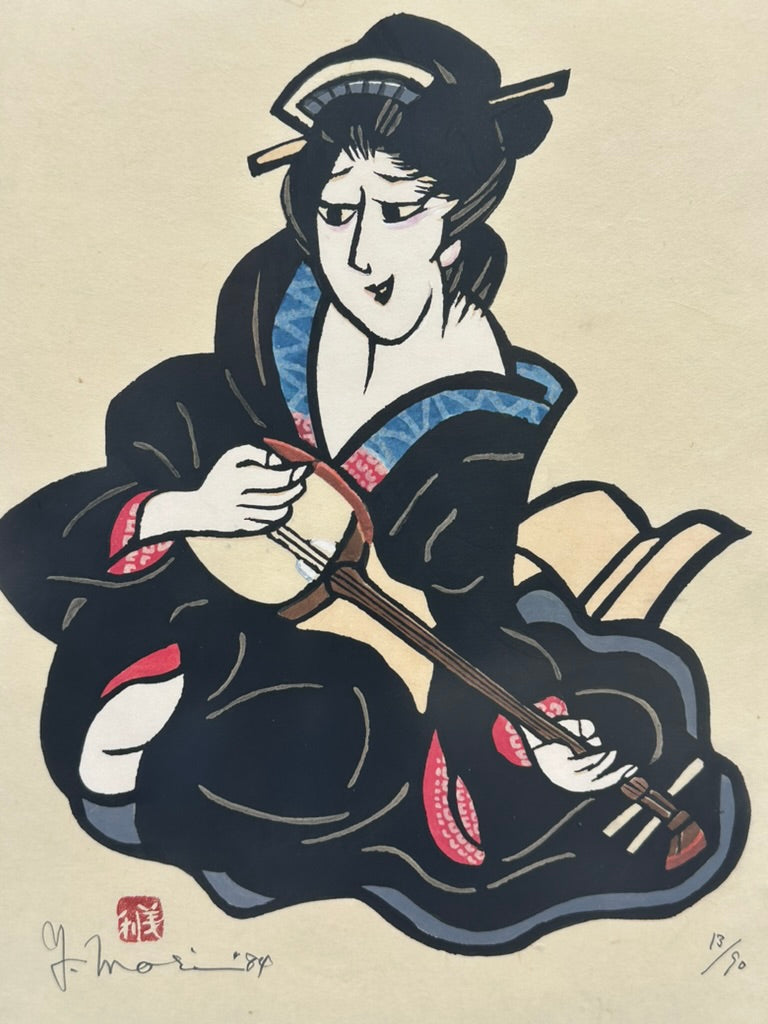 Vintage Japanese Kappazuri Print Yoshitoshi Mori Bijin Playing Shamisen 1984 Ed 13/90