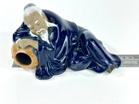 Vintage Chinese Ceramic Li Bai Drunk Poet Reclining Figure Brush Rest Cobalt Blue Glaze 7"