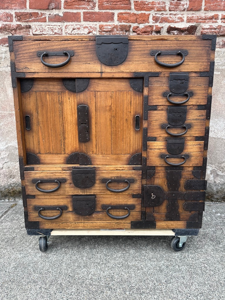 Antique Japanese Chobadansu Merchant Chest Sugi Iron Hardware Dated Meiji 1880