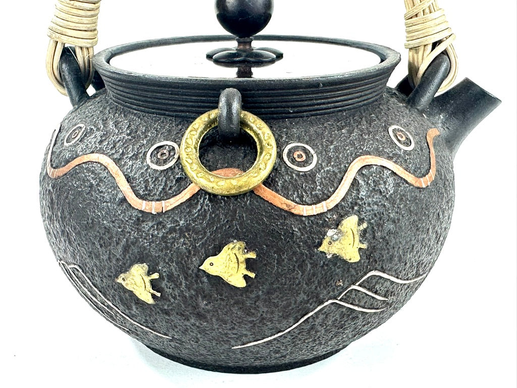Vintage Japanese Signed Cast Iron Tetsubin Plover Wave Gold Silver Copper Inlay Showa 6.5"W LS#055