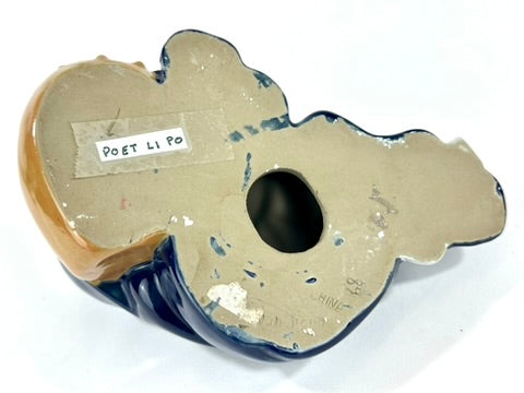 Vintage Chinese Ceramic Li Bai Drunk Poet Reclining Figure Brush Rest Cobalt Blue Glaze 7"