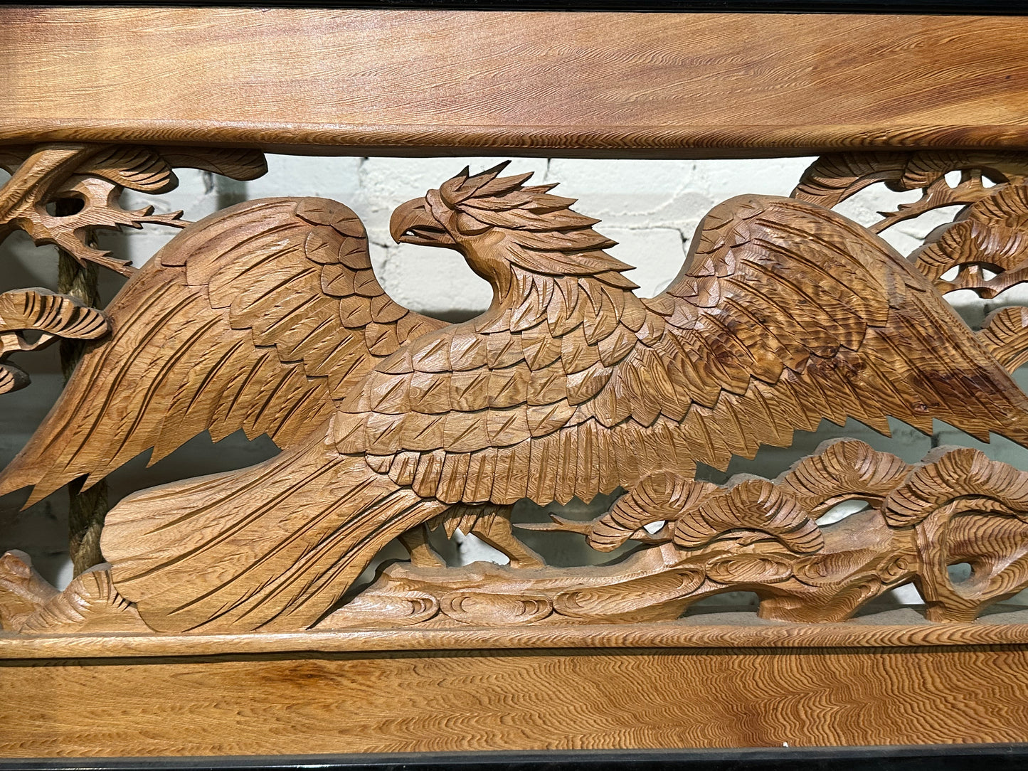 Vintage Japanese Ranma PAIR Eagles & Pines Carved Transom Screen Sugi Wood 73"
