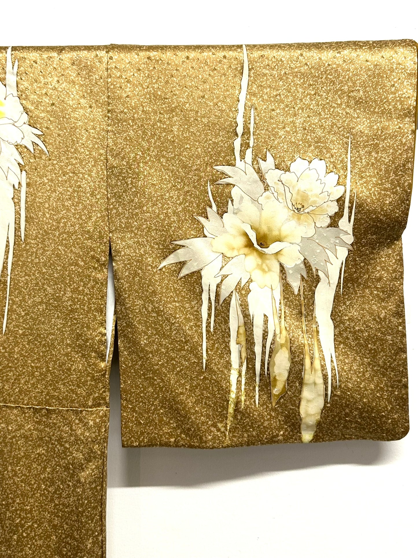 Vintage Japanese Silk Nashiji Gold Kimono Yuzen Suisen Narcissus Showa Era