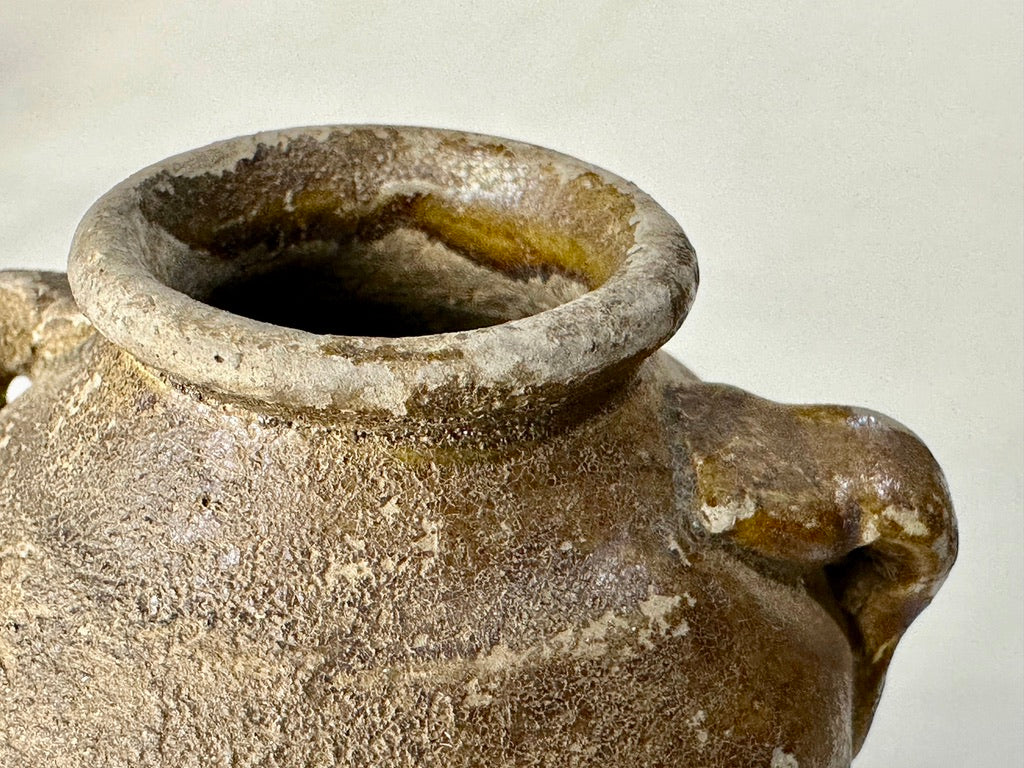 Southeast Asian Stoneware Miniature Jar Double Loop Handles Hardwood Stand 3"H
