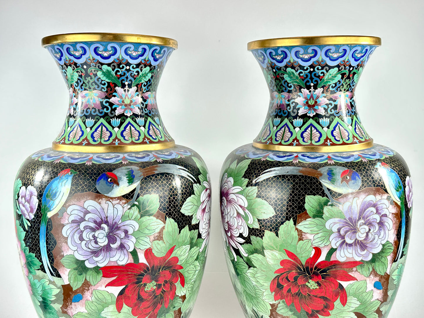 Vintage Chinese Cloisonne Vase Pair Black Ground Peony Pheasant Polychrome 20"H