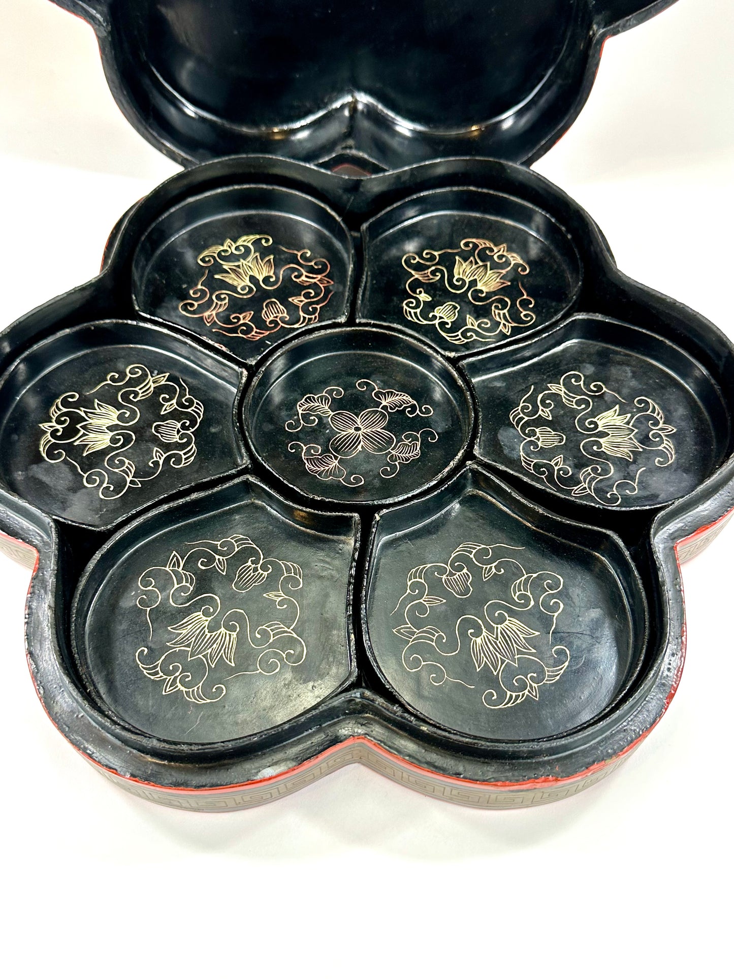 Antique Chinese Lacquer Wooden Box w/ 7 Bowls Floral Arabesque