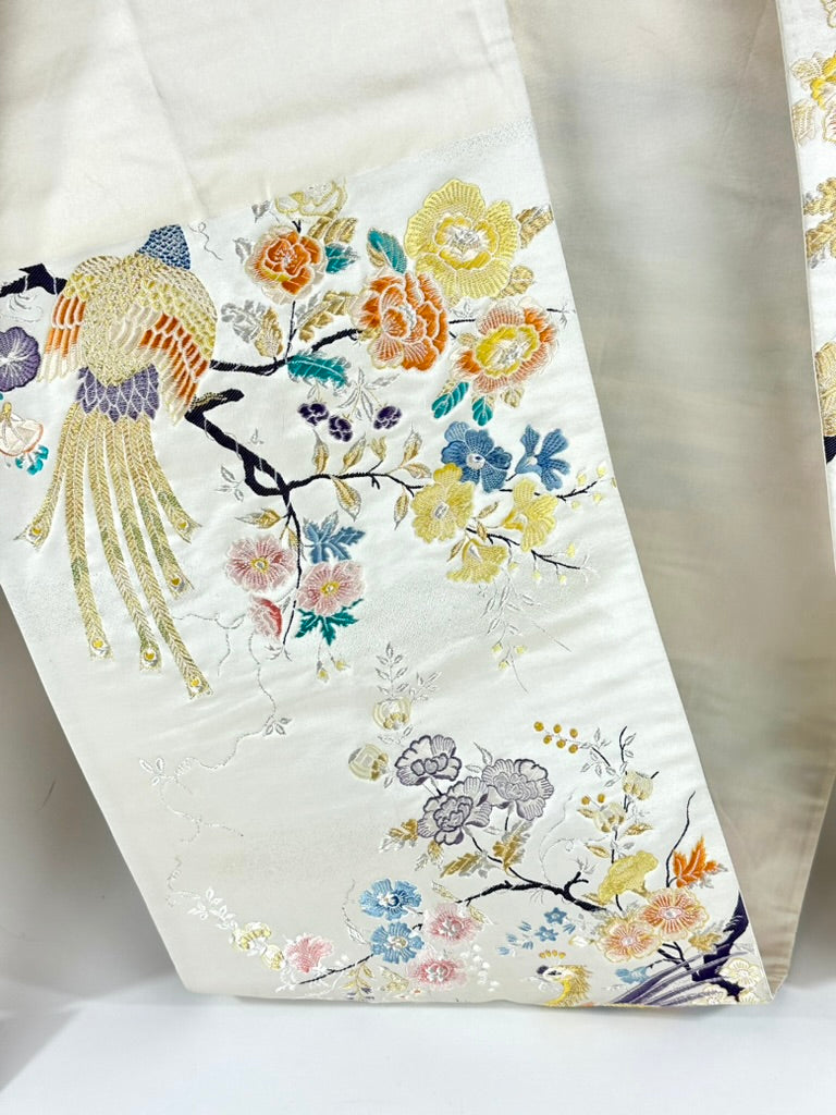 Vintage Japanese Silk Fukuro Obi Embroidered Phoenix Peony Blossom 13'L