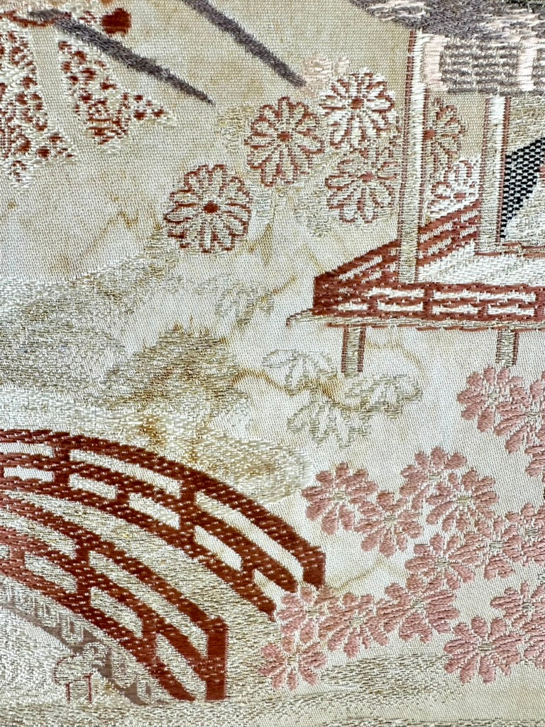 Antique Japanese Silk Obi Pictorial Garden Pavilion Bridge Genji Wheel 12'L