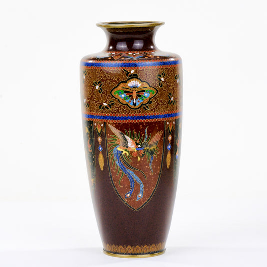 Antique Japanese Meiji Era (c1880) Cloisonné Vase Phoenix & Dragon 8”