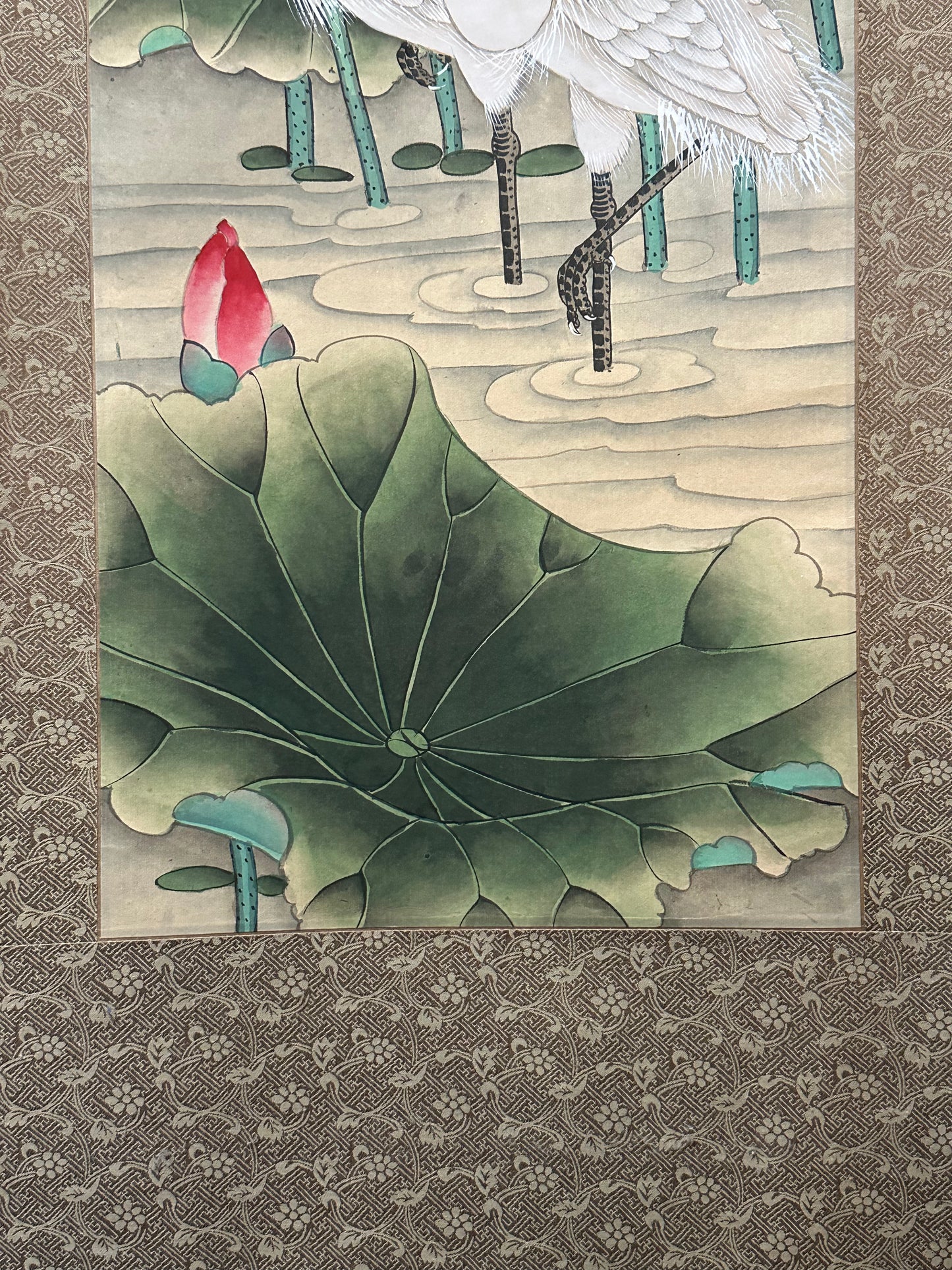 Vintage Chinese Hanging Scroll Painting Egrets and Lotus Signed c1947 63"H
