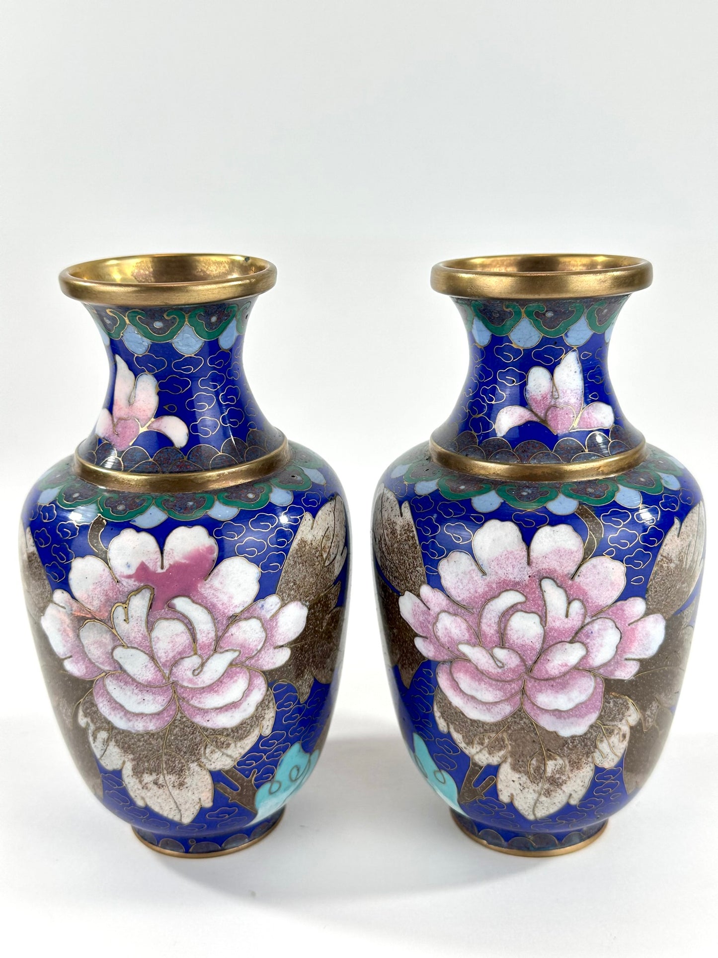 Chinese Republic Period Cloisonne Enamel Vase Pair Cobalt Blue Pink Peony 6"H