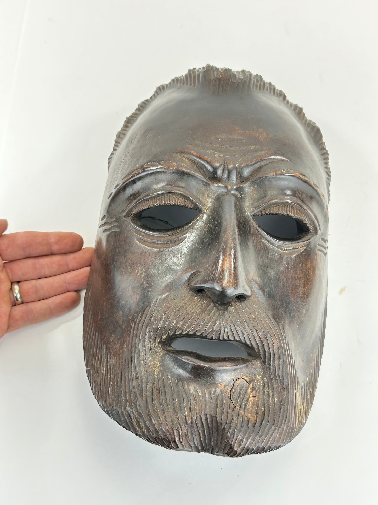 Vintage Japanese c1950's Folk Art Mask Hand Carved Wood Wall Hanging 12"