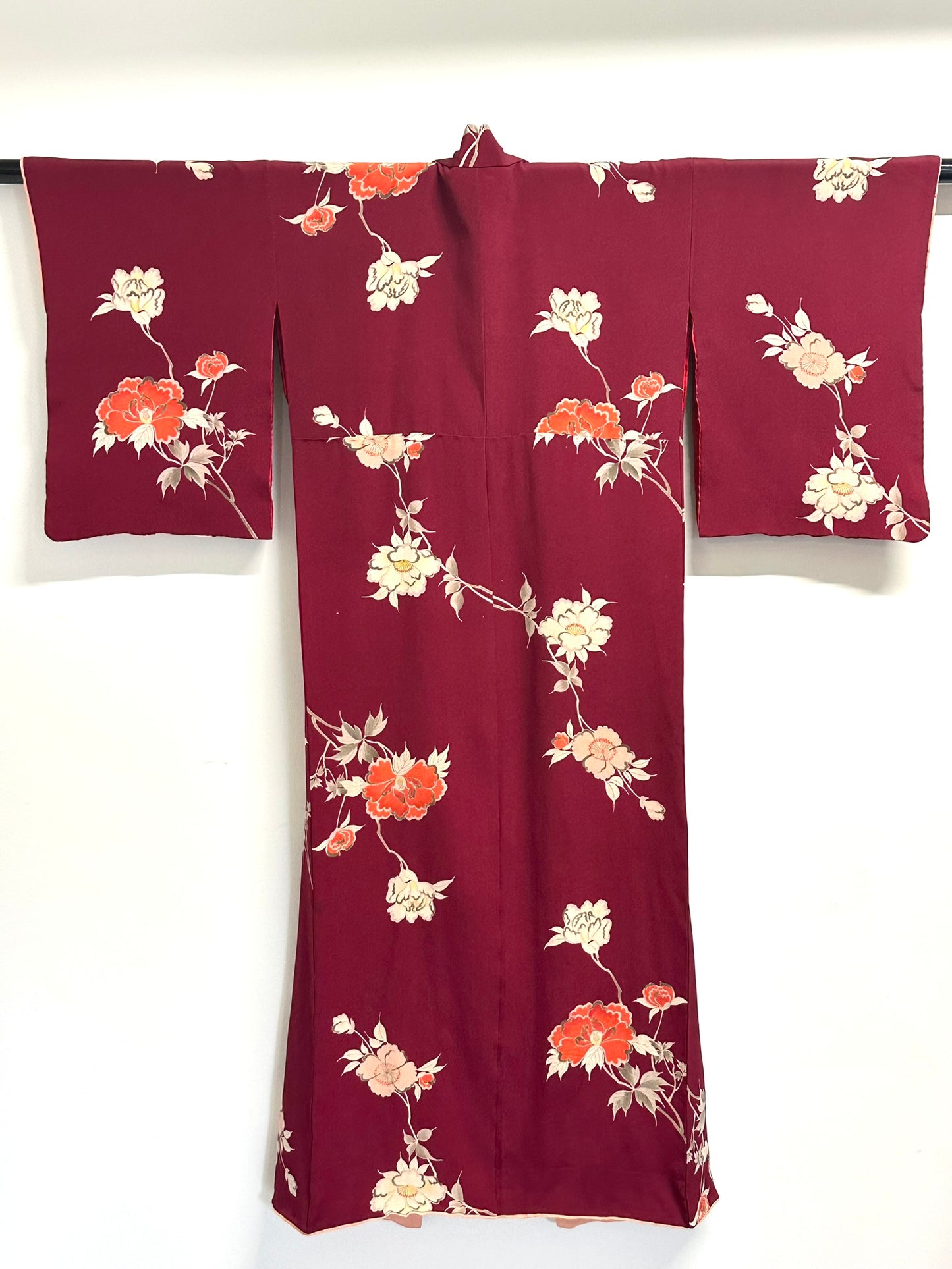 Vintage Japanese Silk Kimono Burgundy Peony Chirimen Crepe Showa