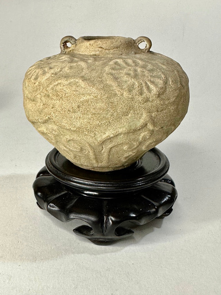 Southeast Asian Unglazed Stoneware Jar Stamped Floral Rosette Decoration Ring Handles Hardwood Stand 3.5"
