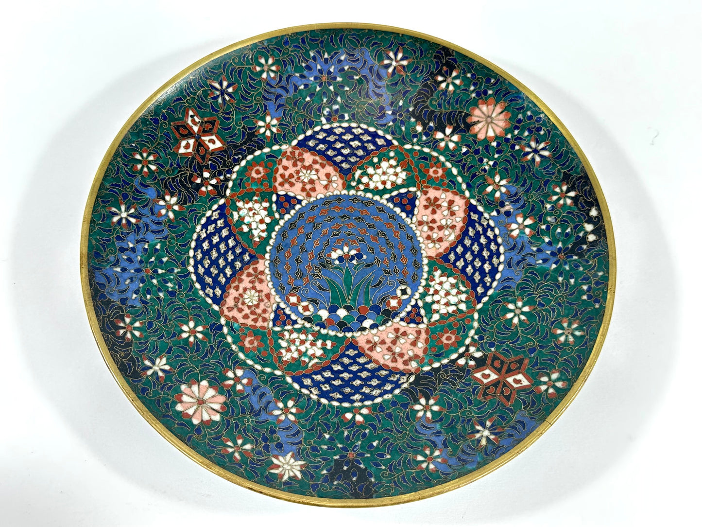 Japanese Meiji Cloisonne Shippo Plate Green Floral Medallion Iris Geometric 7.5"