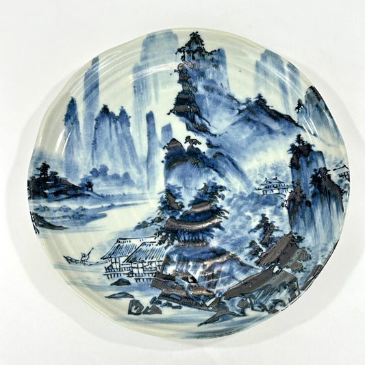 Japanese Showa Porcelain Plate Blue White Shanshui Mountain Landscape Yubyakudo Mark 8.5"W LS#093