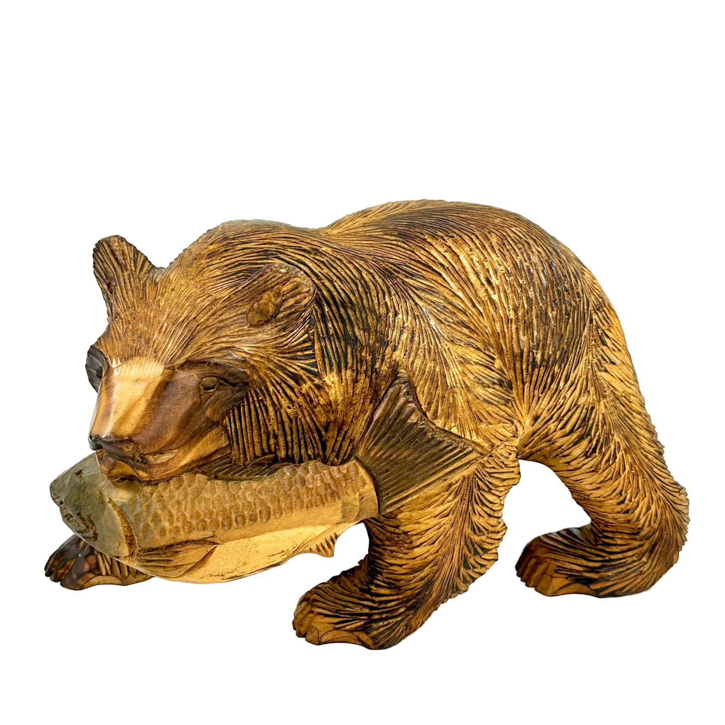 Vintage Japanese Ainu Bear Kuma w/ Salmon Signed Sugi Wood ~9"