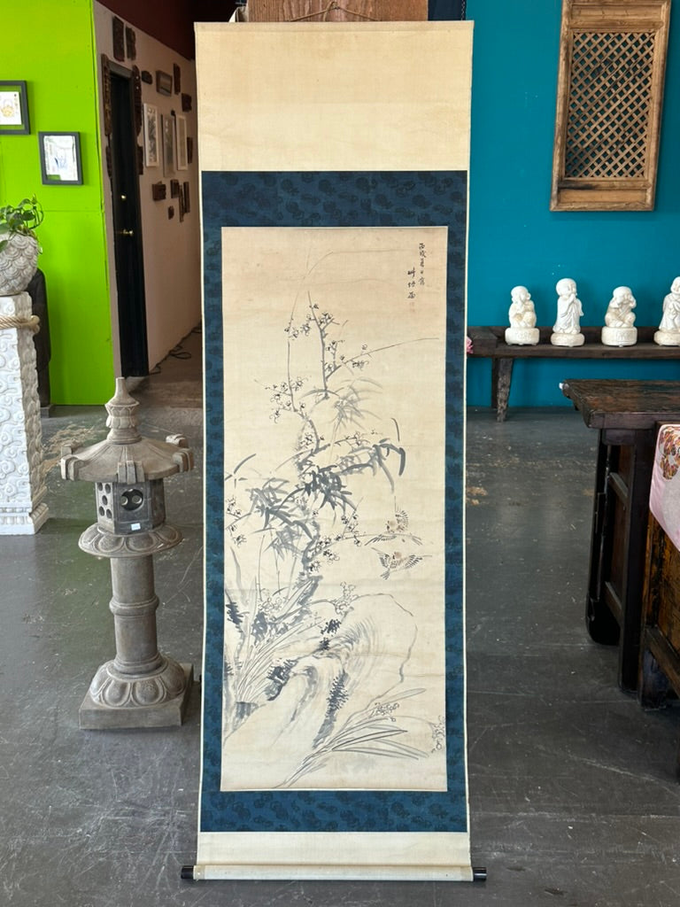 Antique Japanese Kakejiku Hanging Scroll Sparrow Bamboo Prunus Kacho-ga Ink 76"L