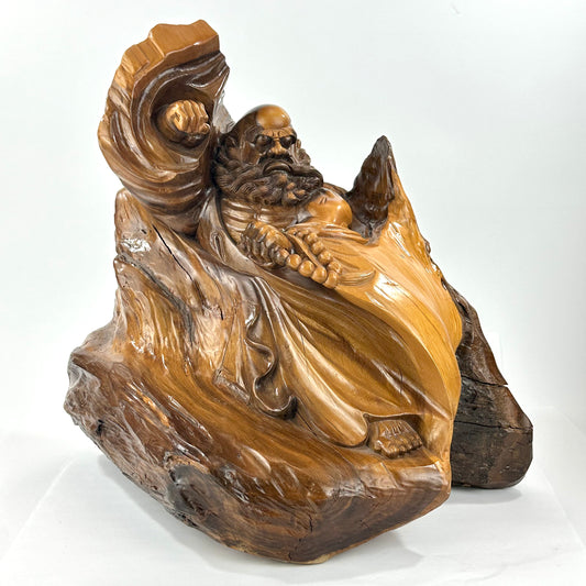 Japanese Showa Era Sugi Wood Carved Daruma Bodhidharma Sculpture Root Wood Base 17"H LS#089