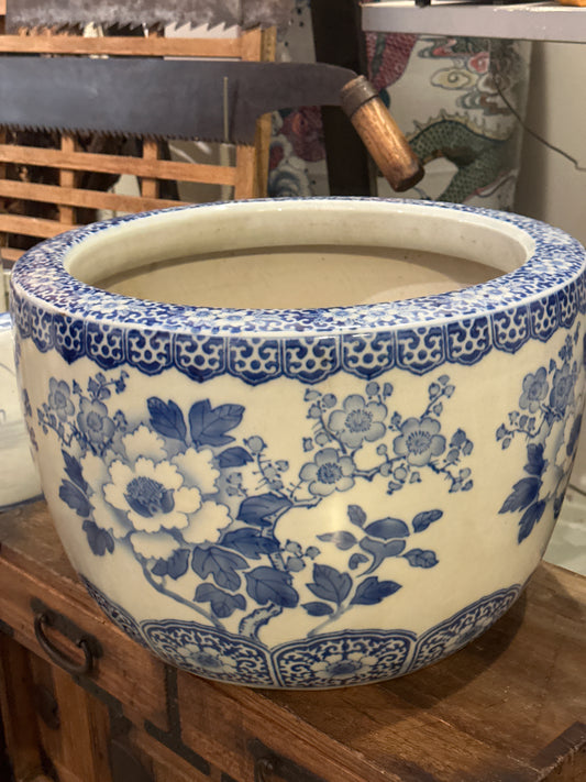 Antique Japanese Meiji Era Ceramic Blue & White Hibachi Brazier Floral Motif 24”