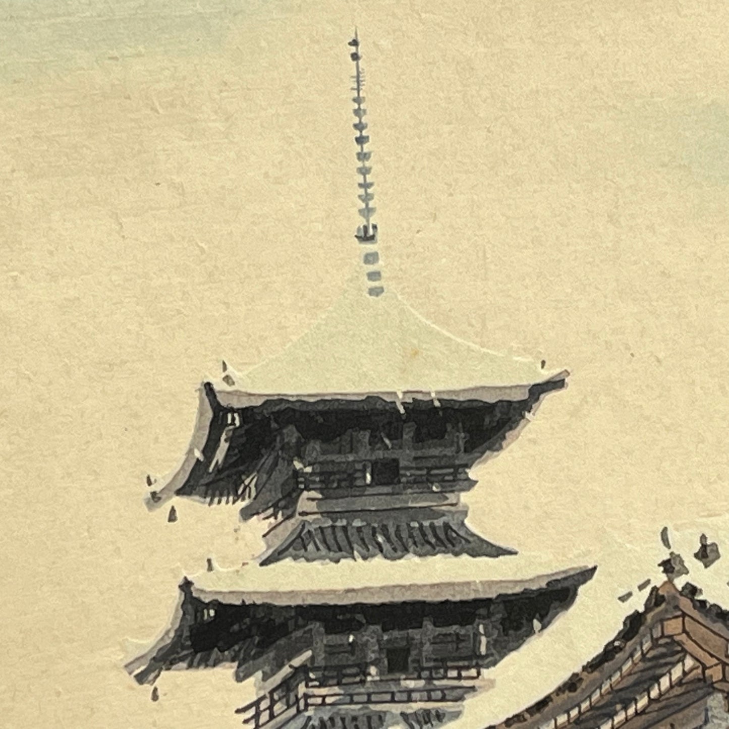 Wood Block Print by Kotozuka of Kiyomizudera Temple in the Snow 11"