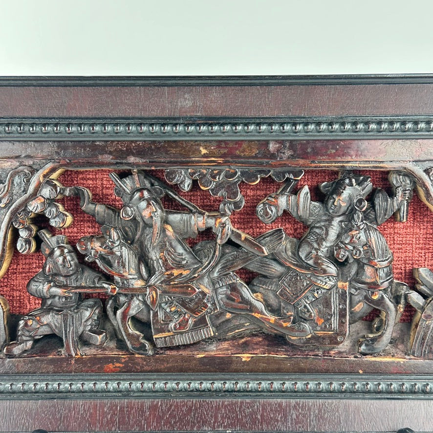 Antique Chinese Carved Wood Panel Fragment Figures on Horseback 19.5″L