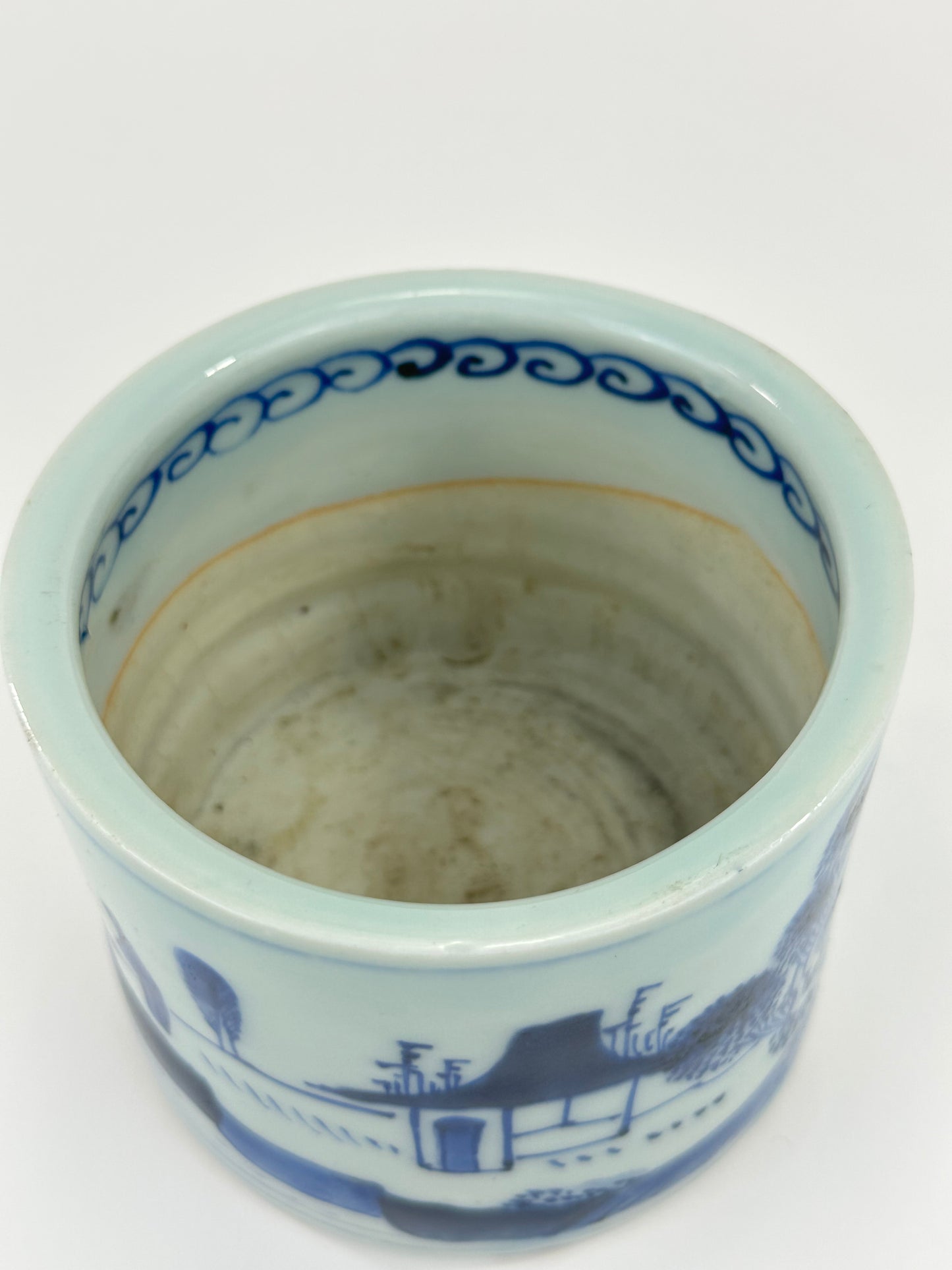 Antique Chinese Qing Period Blue and White Porcelain Brush Pot Landscape Scene 4.5"W