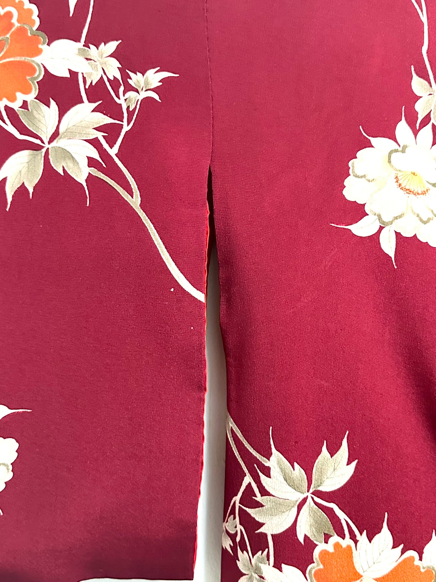 Vintage Japanese Silk Kimono Burgundy Peony Chirimen Crepe Showa