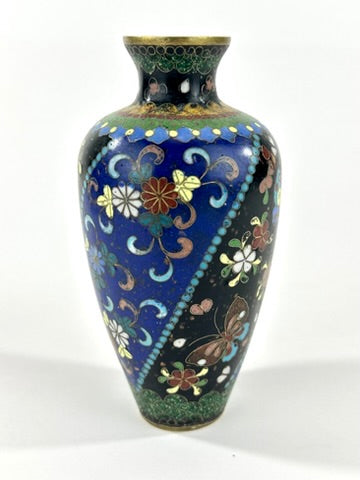 Japanese Meiji Cloisonne Shippo Baluster Vase Cobalt Black Butterfly Floral 5"H