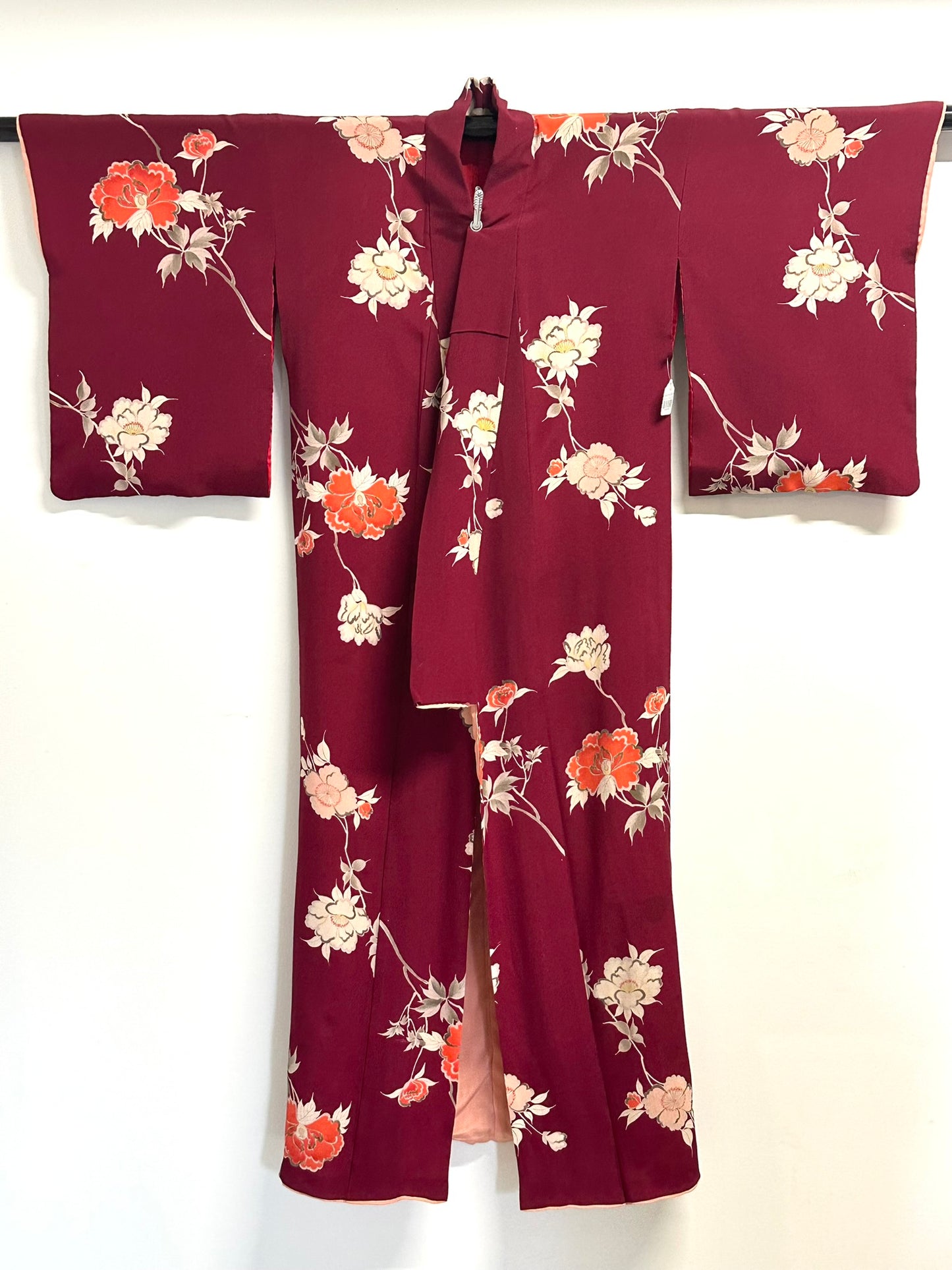 Vintage Japanese Silk Kimono Burgundy Peony Chirimen Crepe Showa