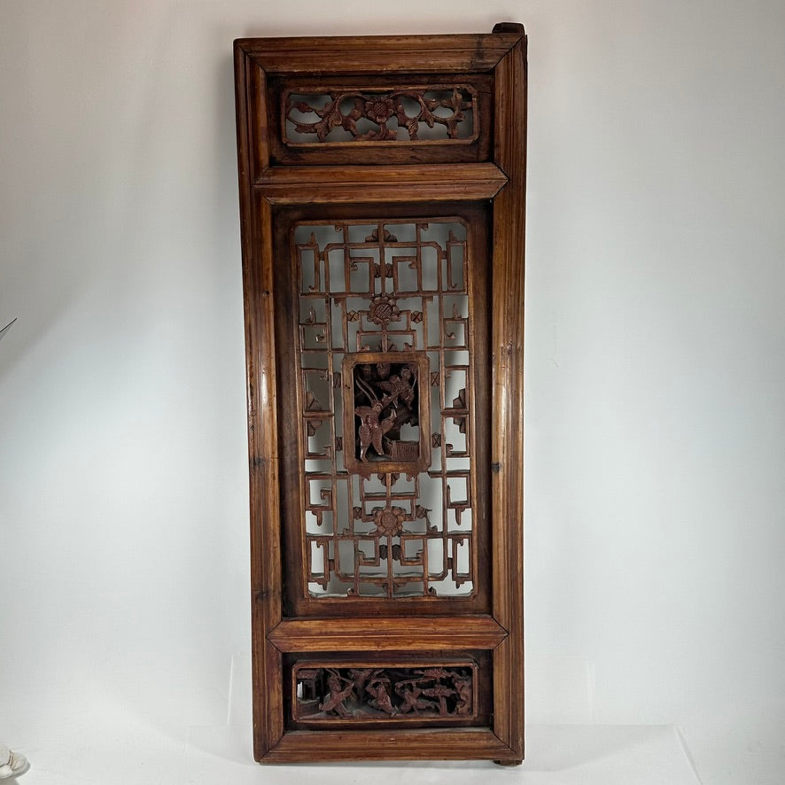 Antique Chinese Qing Carved Wood Window Shutter Panel Battle Scene 32″H