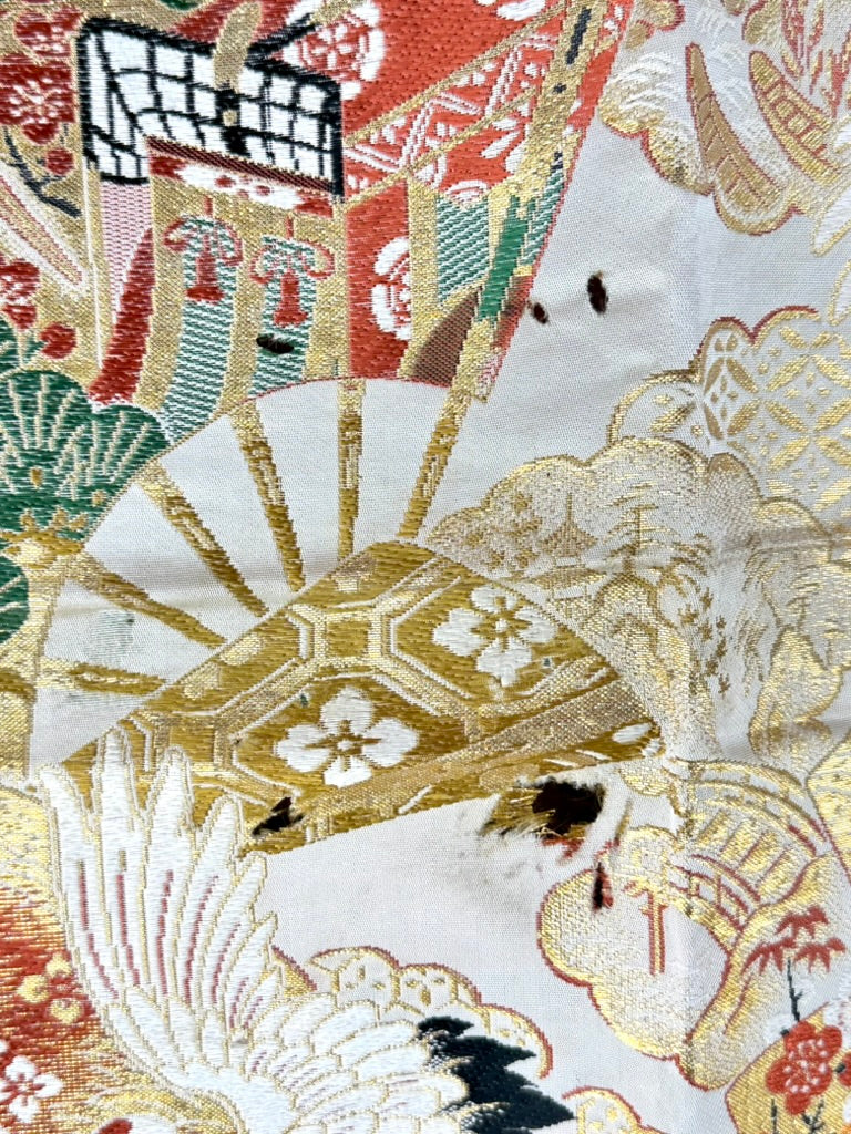 Antique Japanese Silk Maru Obi Gold Brocade Crane Fan Pine Nishijin 13'L
