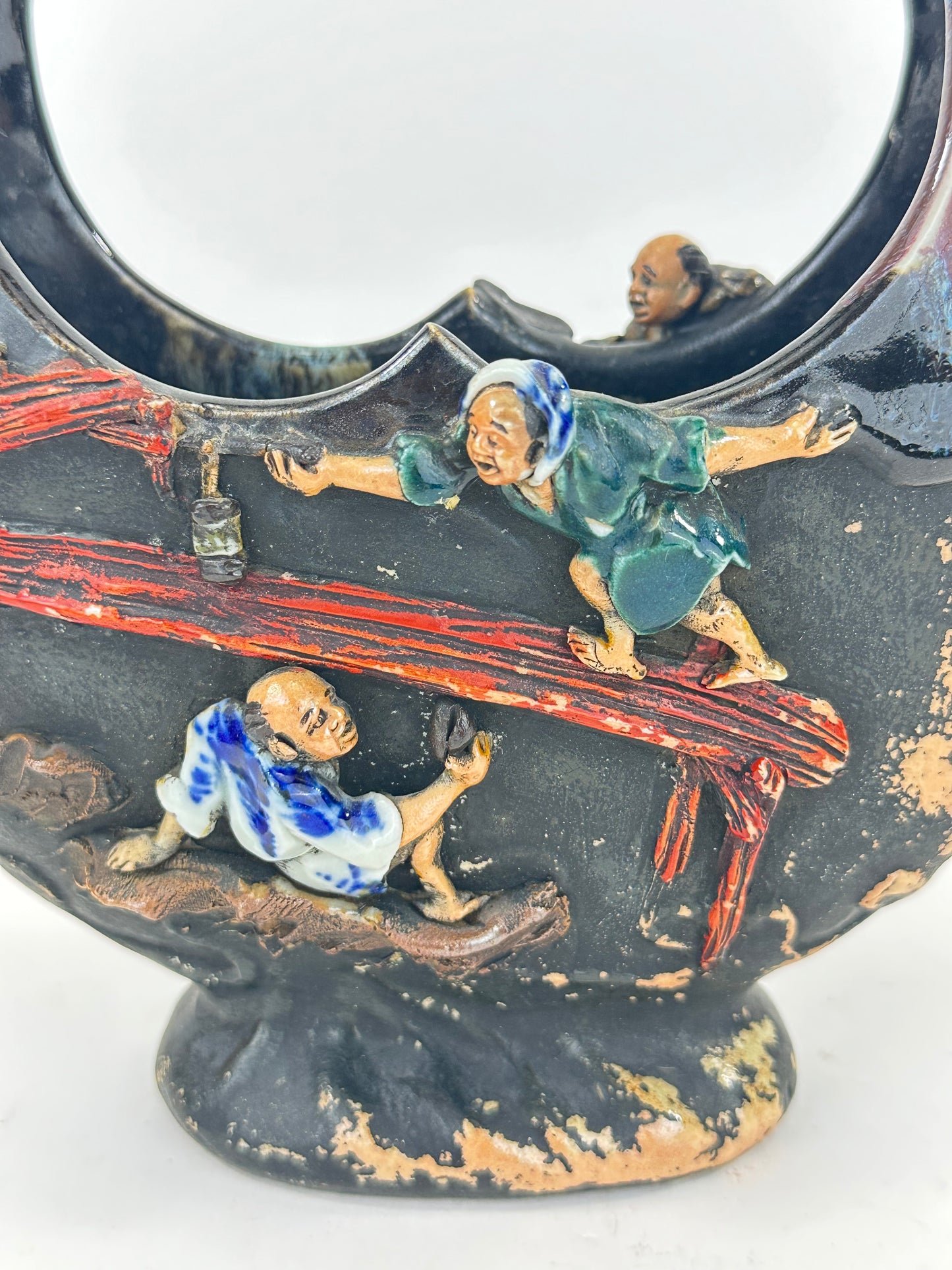 Antique Japanese Sumida Gawa Glazed Ceramic Basket Vase w/ Figures Inoue Ryosai (c.1900) LS#052