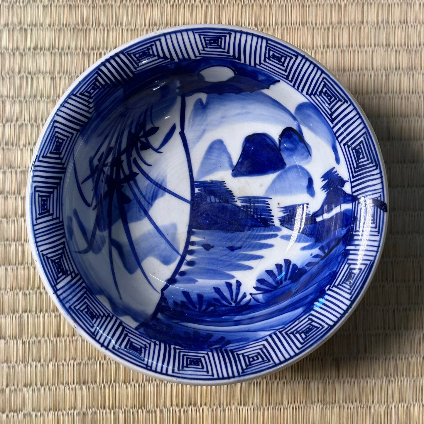 Antique Japanese Blue & White Porcelain Bowl Shanshui Landscape Key Fret Border 7.5"W