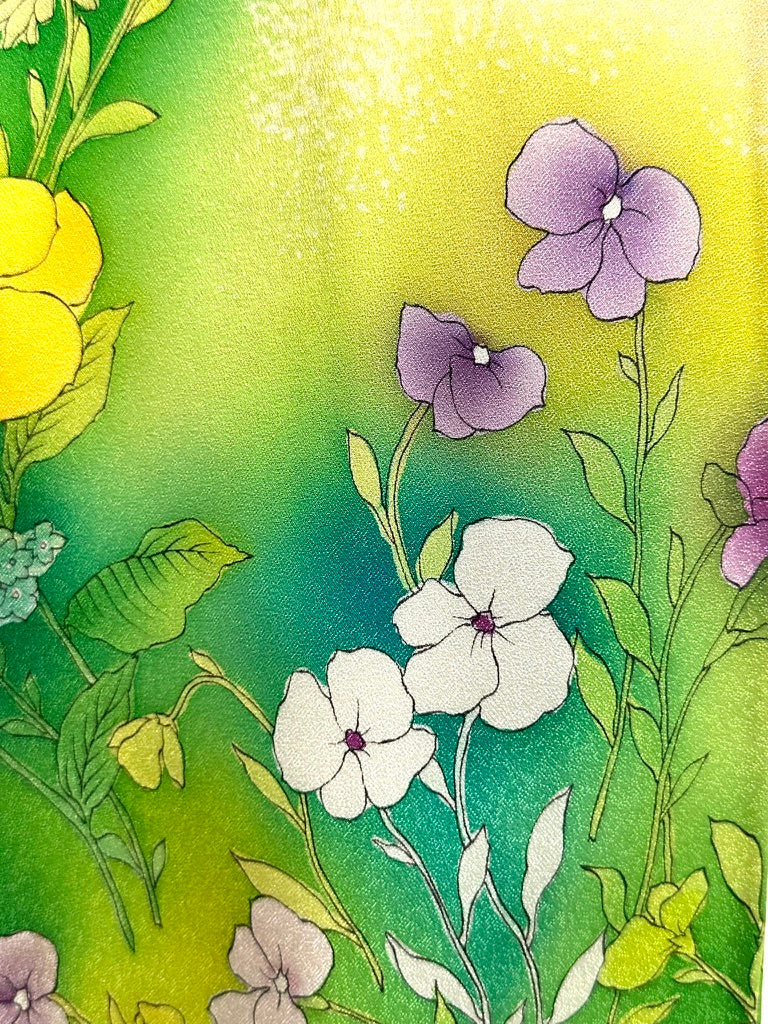 Vintage Japanese Silk Kimono Yuzen Poppy Bouquet Roundels Pale Yellow Showa