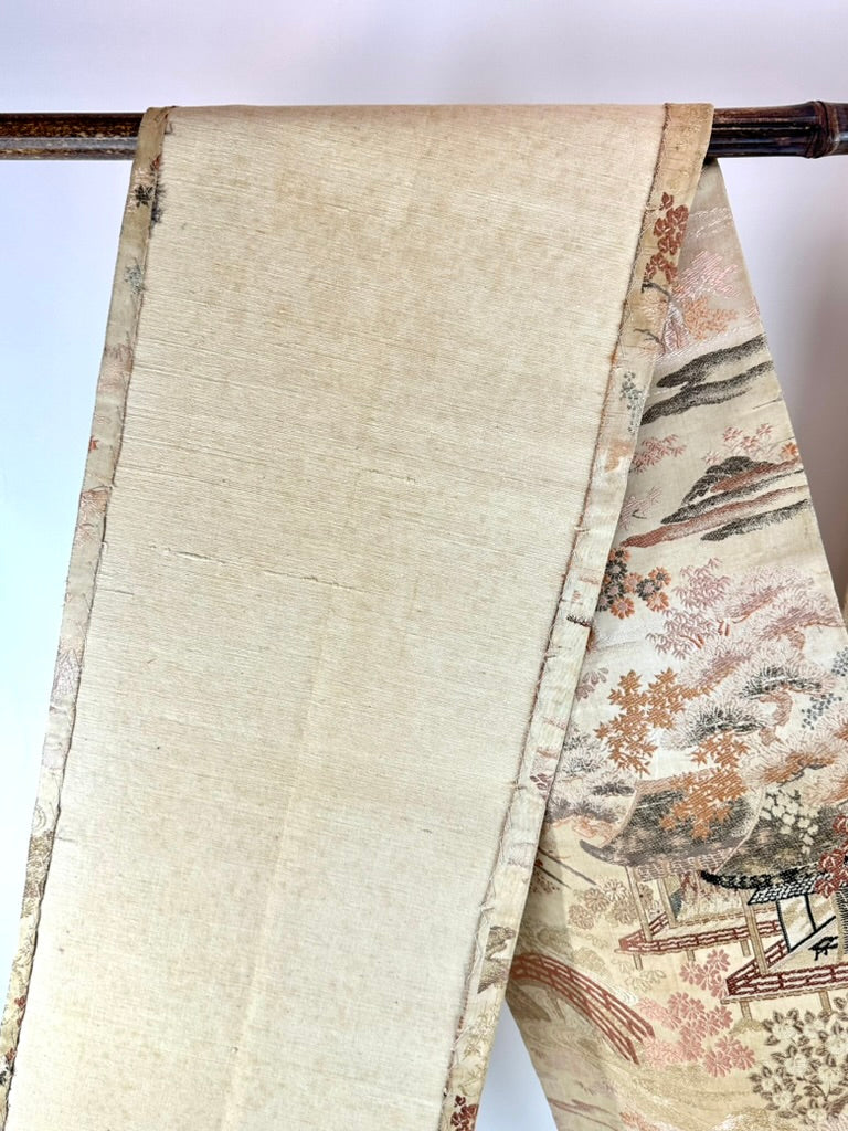 Antique Japanese Silk Obi Pictorial Garden Pavilion Bridge Genji Wheel 12'L