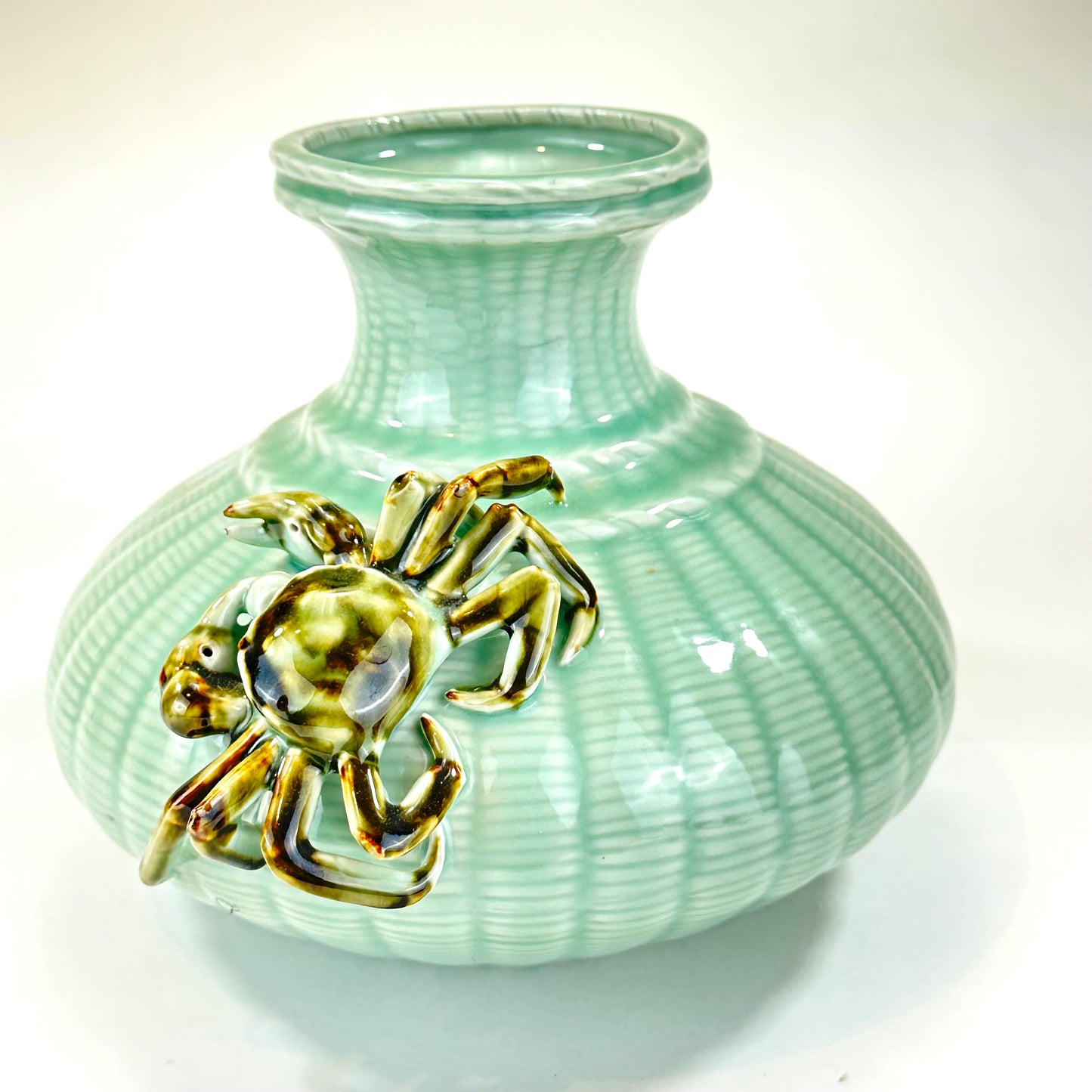 Vintage Chinese Celedon Vase w/ Crab Wovenn Basket Motif 17”