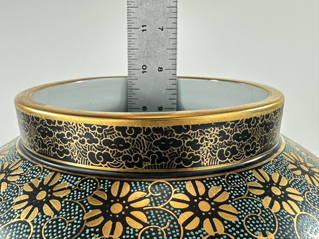 Vintage Kutani Shozan Porcelain Lidded Ginger Jar Green Gold Kiku Hardwood Stand Showa 14.5"
