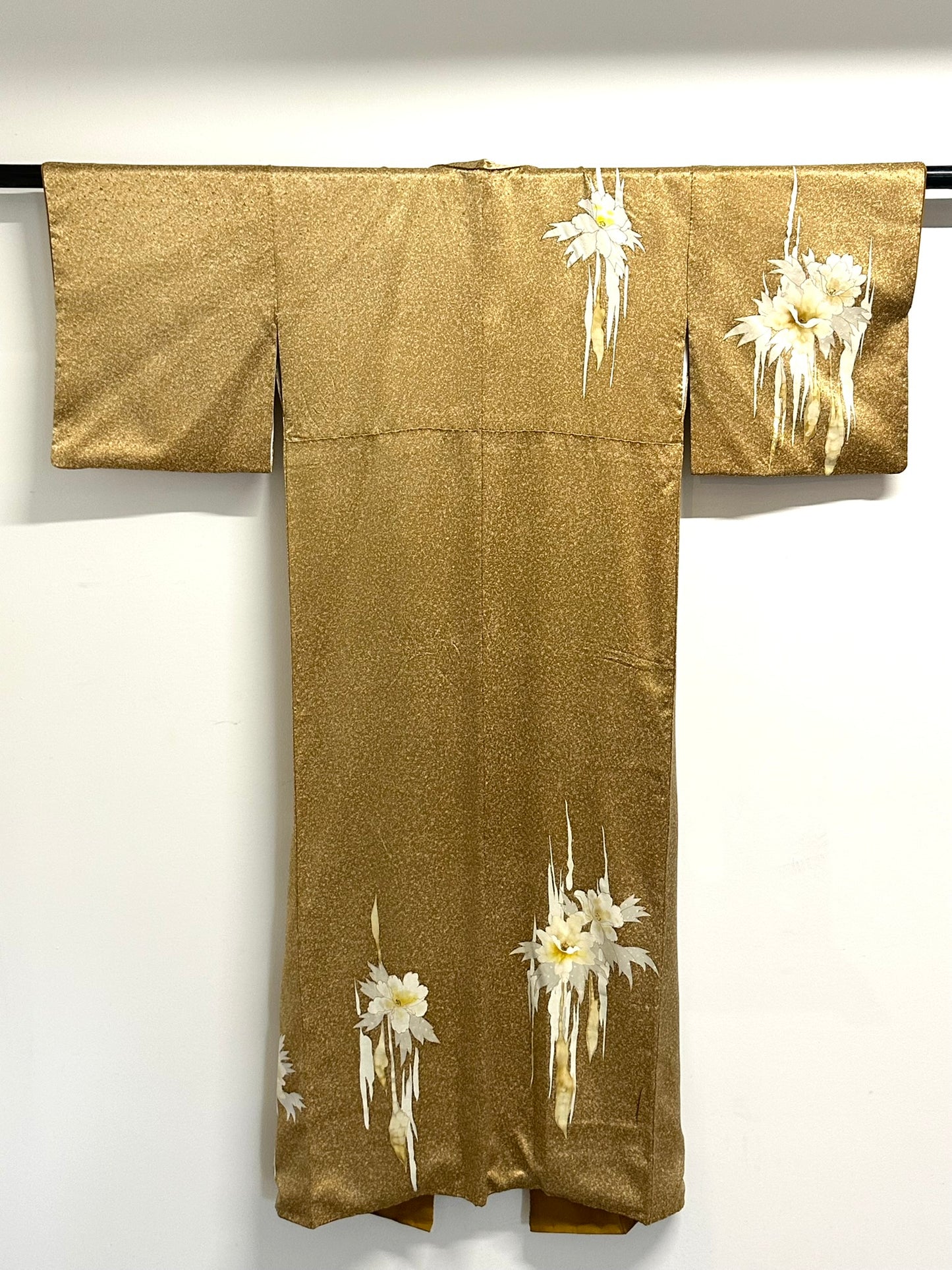 Vintage Japanese Silk Nashiji Gold Kimono Yuzen Suisen Narcissus Showa Era