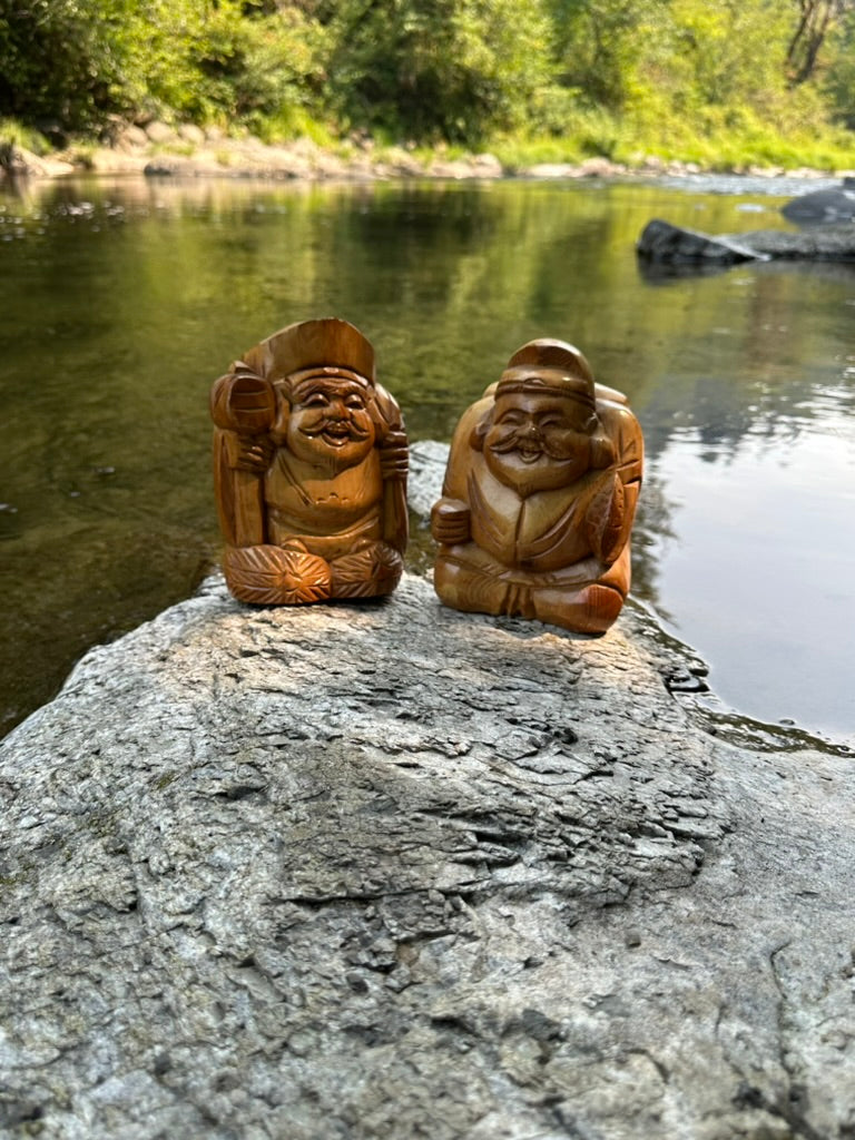 PAIR Japanese Wood Lucky Gods Ebisu & Daikokuji Pair