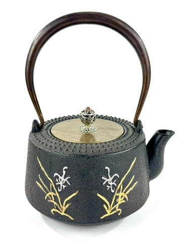 Vintage Japanese Cast Iron Tetsubin Wa Harmony Kanji Gold Orchid Brass Lid Showa 7.5"W LS#147
