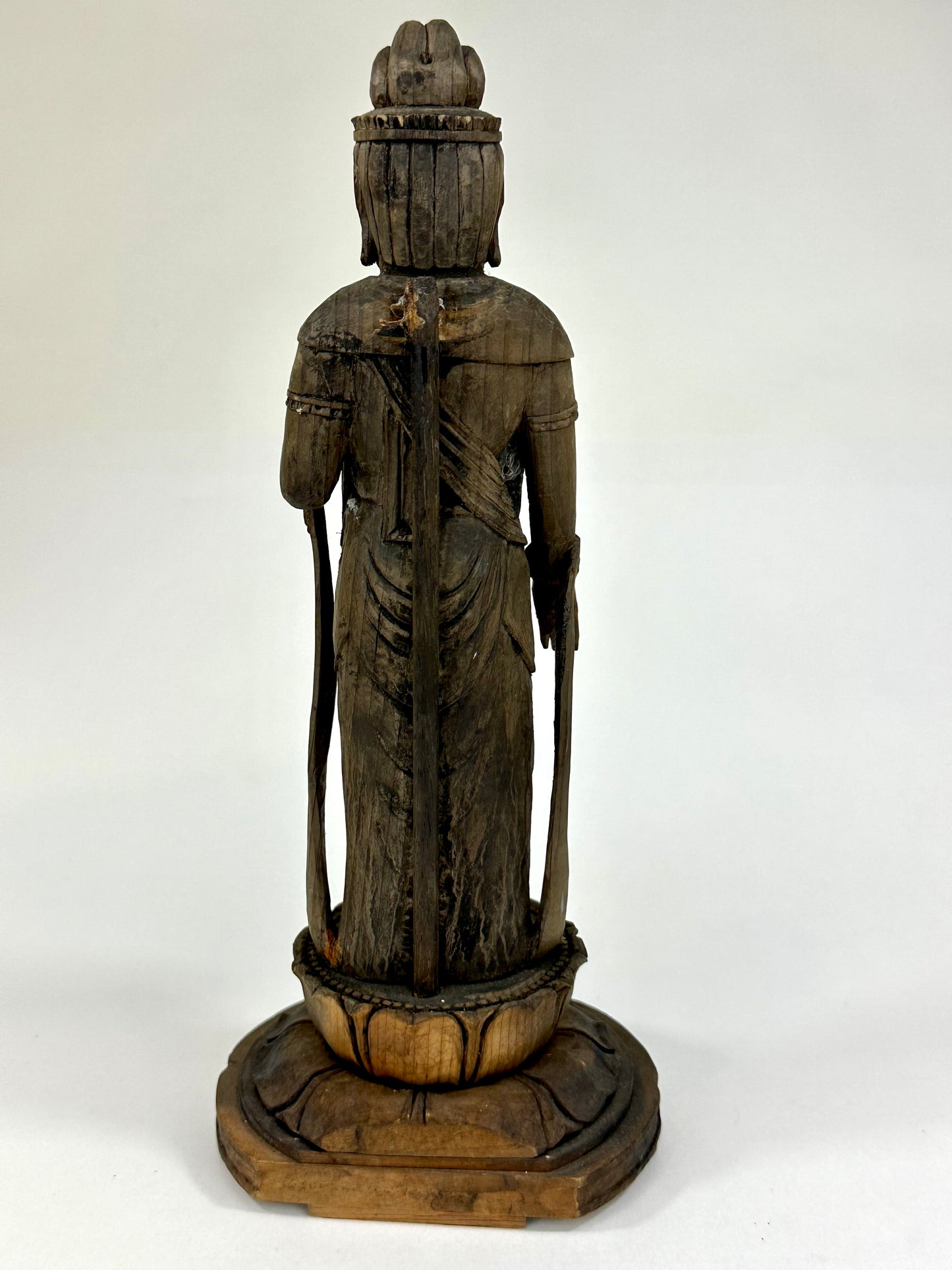Antique Japanese Wooden Jizō Bosatsu (Kṣitigarbha Bodhisattva) Standing on Lotus Base10”