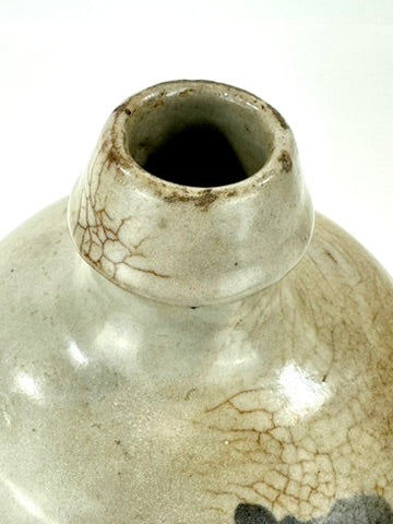 Antique Japanese Edo Period c1800 Grey Glazed Stoneware Tokkuri Sake Jug Iron Black Calligraphy 10"H