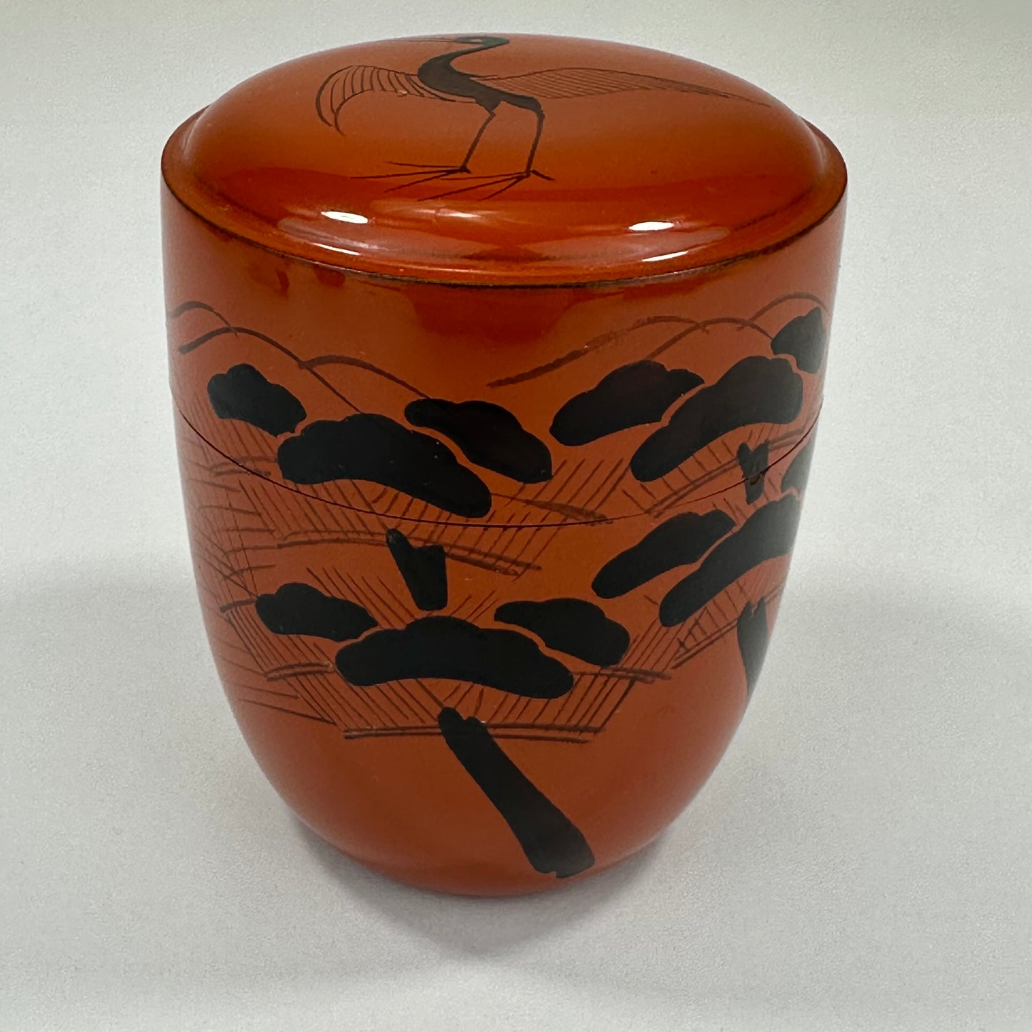 Vintage Japanese Tea Ceremony Natsume Tea Caddy Red Lacquer Crane & Pine Tree