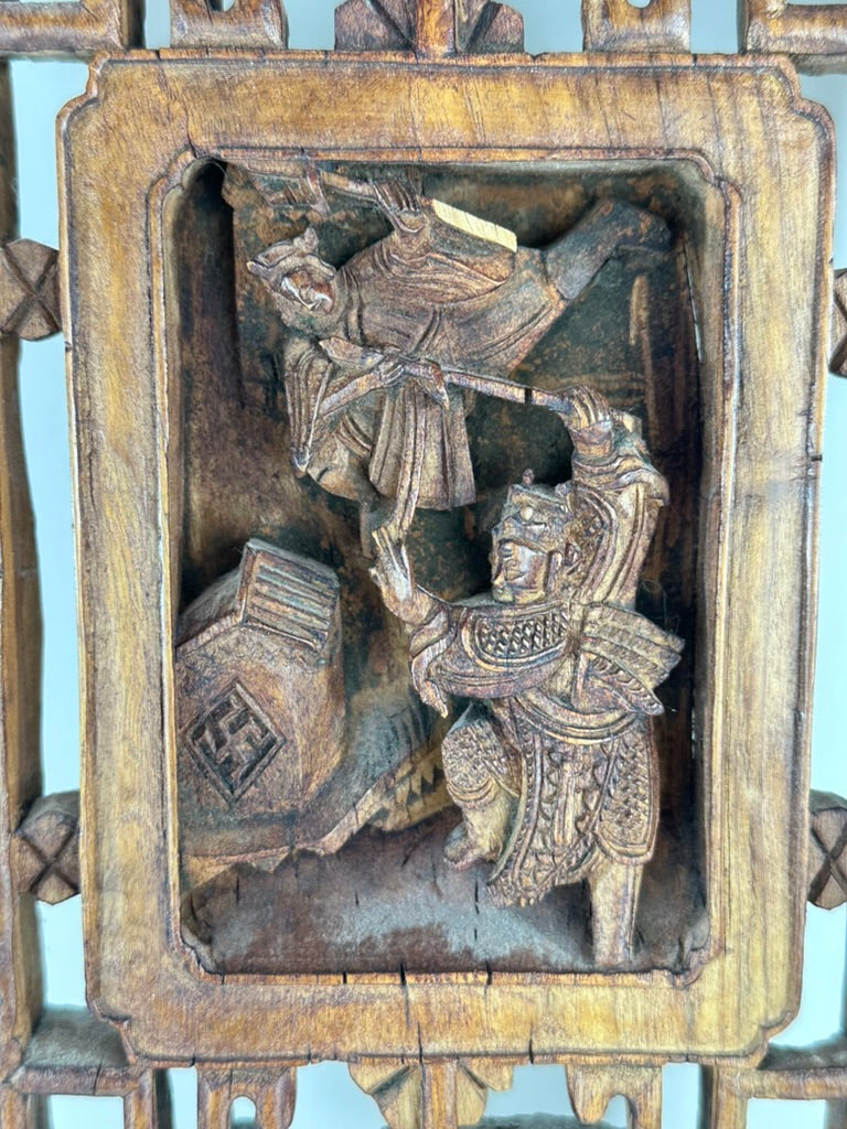 Antique Chinese Qing Carved Wood Lattice Window Shutter Panel 32″H