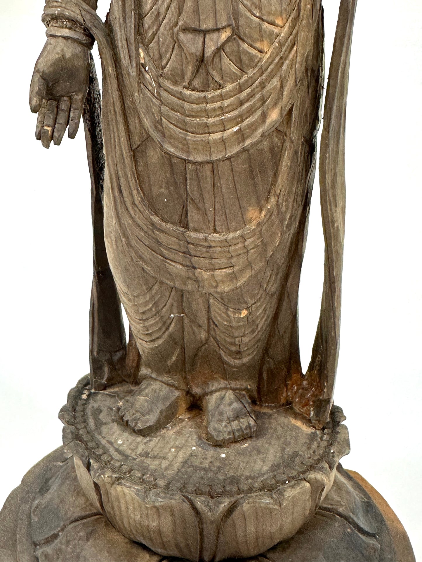 Antique Japanese Wooden Jizō Bosatsu (Kṣitigarbha Bodhisattva) Standing on Lotus Base10”