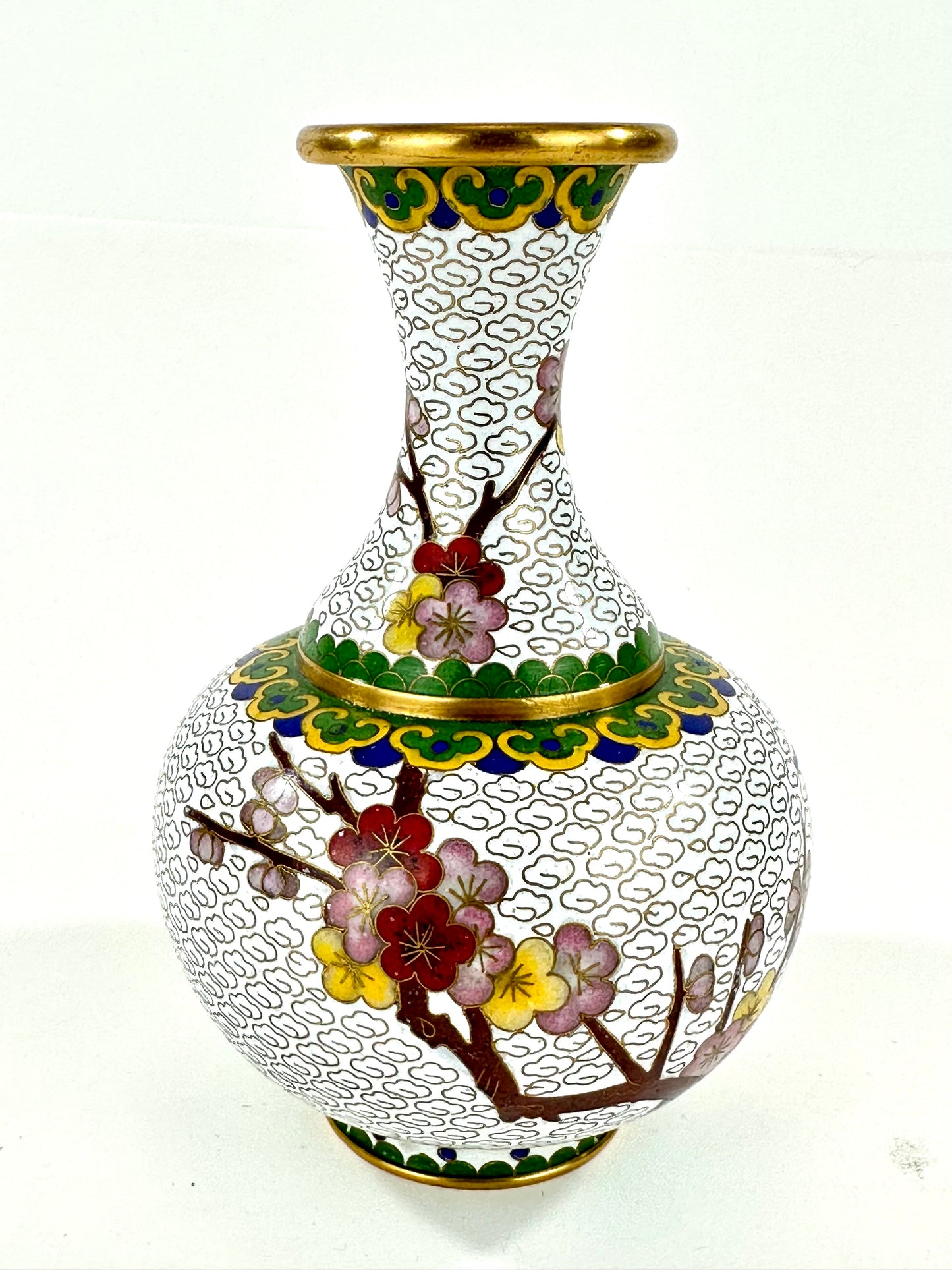 Vintage Chinese White Cloisonné Vase w/ plum blossoms 6”